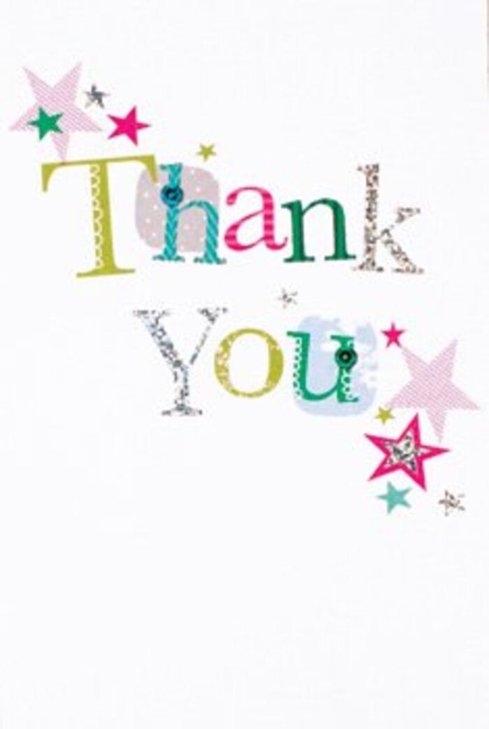 The artistic composition of this thank you card feels perfectly attuned to the contemporary pulse of Milton Keynes. Every letter of the message is given distinct character-from playful dots and fanciful stitched curves to bold, clear pops of electric green, punchy pink, and cool blue. The silver-tinged highlights add a delicate shimmer, while animated clusters of magenta, teal, and golden-yellow stars huddle around the sentiment like guests at a celebratory gathering in Great Linford. The clean, spacious white background lends the overall design a modern freshness, showcasing artisanal details without overwhelming the viewer. There's an understated sophistication to the arrangement, balanced between cheerful informality and refined simplicity-a card well suited to accompany a bouquet for any occasion, whether it's a thank you after a neighbourhood event on Silbury Boulevard or a thoughtful gesture just-because. As a local florist in Milton Keynes, I see in this card the same careful attention to mood and meaning that I bring to each arrangement, its uplifting style a perfect match for the city's creative, caring community.